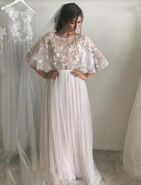 Half Sleeve Wedding Dresses A-line Elegant Simple Romantic Lace Bridal Gown (ZD16014)