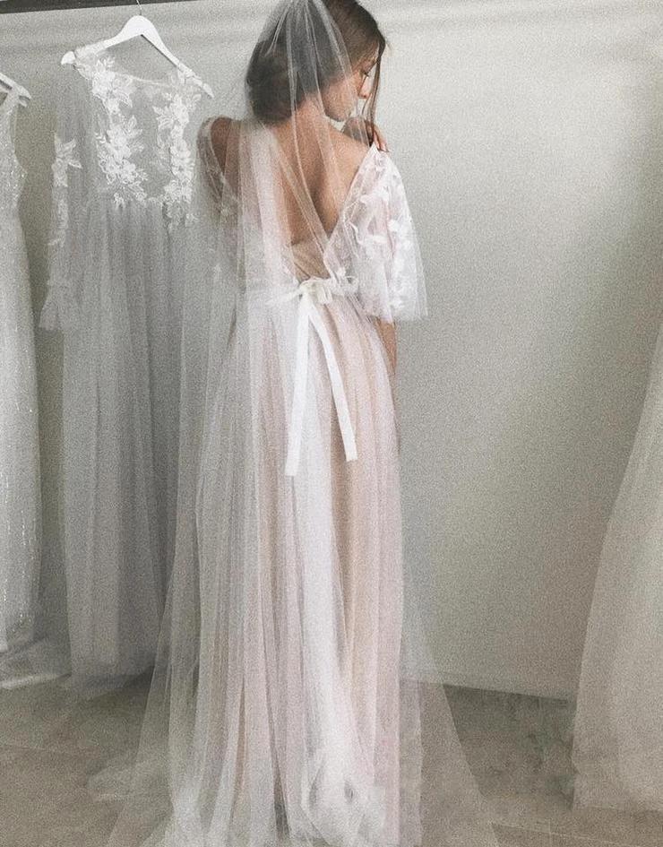 Half Sleeve Wedding Dresses A-line Elegant Simple Romantic Lace Bridal Gown (ZD16014)