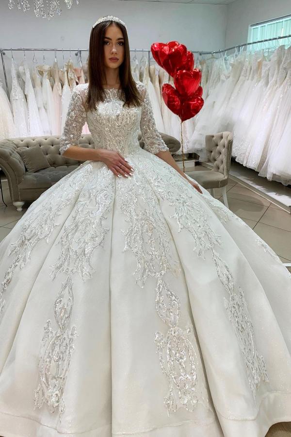 Half Sleeves Applqiues Ball Gown Wedding Dress (ZD17519) - VelvetHem