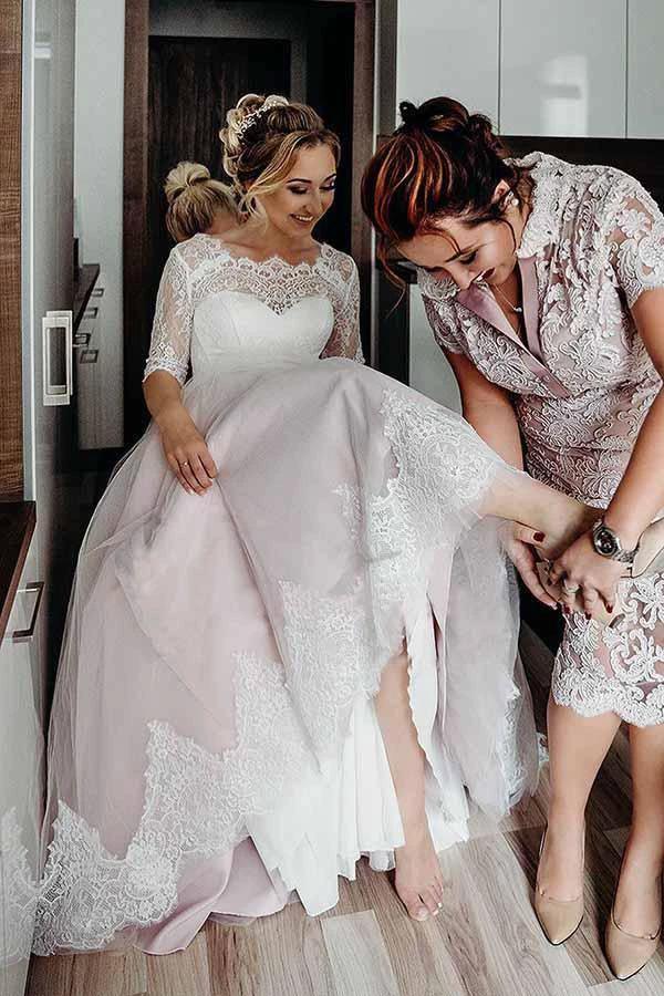 Half Sleeves Pink Backless Lace Up Floor Length Wedding Dress (ZD15363) - VelvetHem