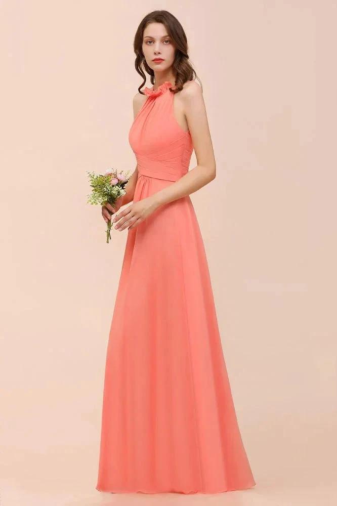 halter Beach Bridesmaid Dress Girls Coral Floor Length Wedding Party Dress (ZD12977)