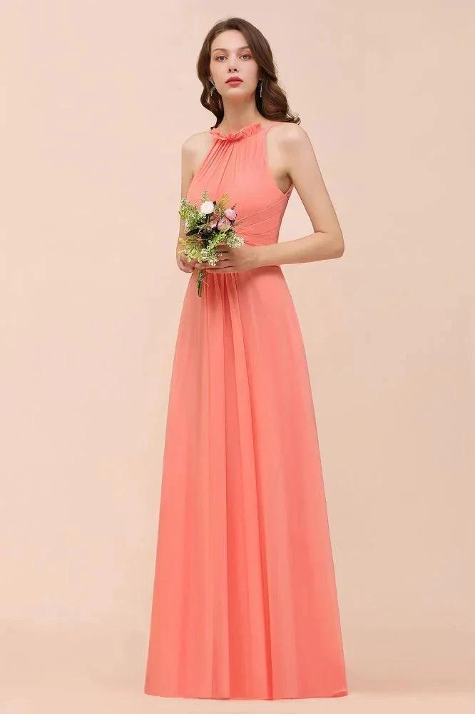halter Beach Bridesmaid Dress Girls Coral Floor Length Wedding Party Dress (ZD12977)