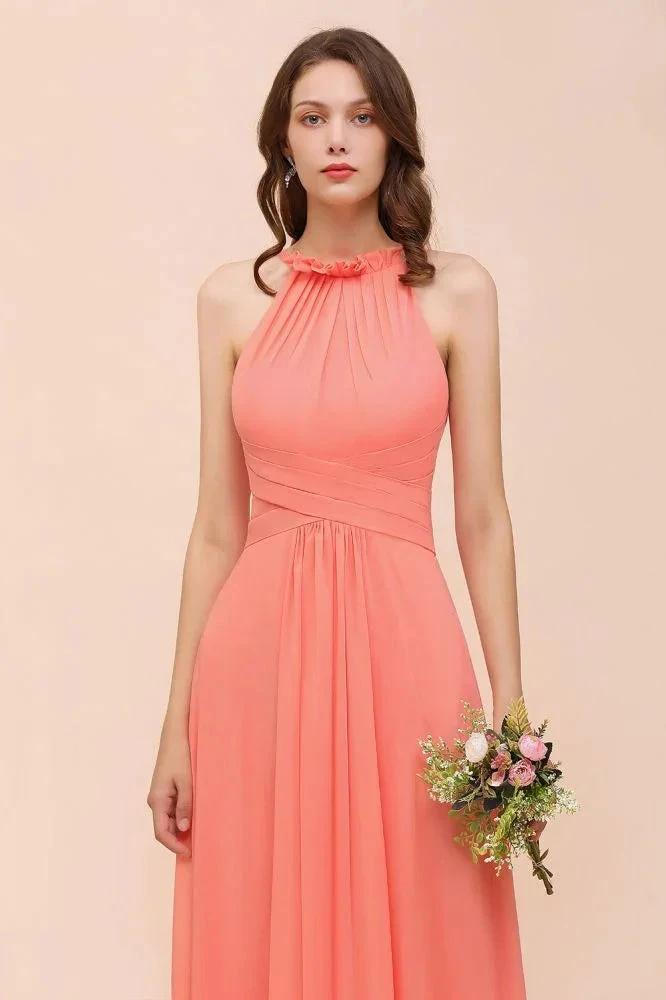halter Beach Bridesmaid Dress Girls Coral Floor Length Wedding Party Dress (ZD12977)