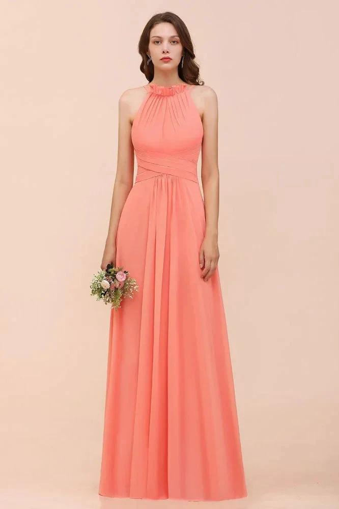 halter Beach Bridesmaid Dress Girls Coral Floor Length Wedding Party Dress by misshow.com