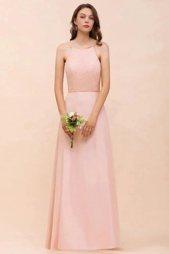 Halter Bridesmaid Dress Pink Floor Length Formal Event Dress (ZD12994) - VelvetHem