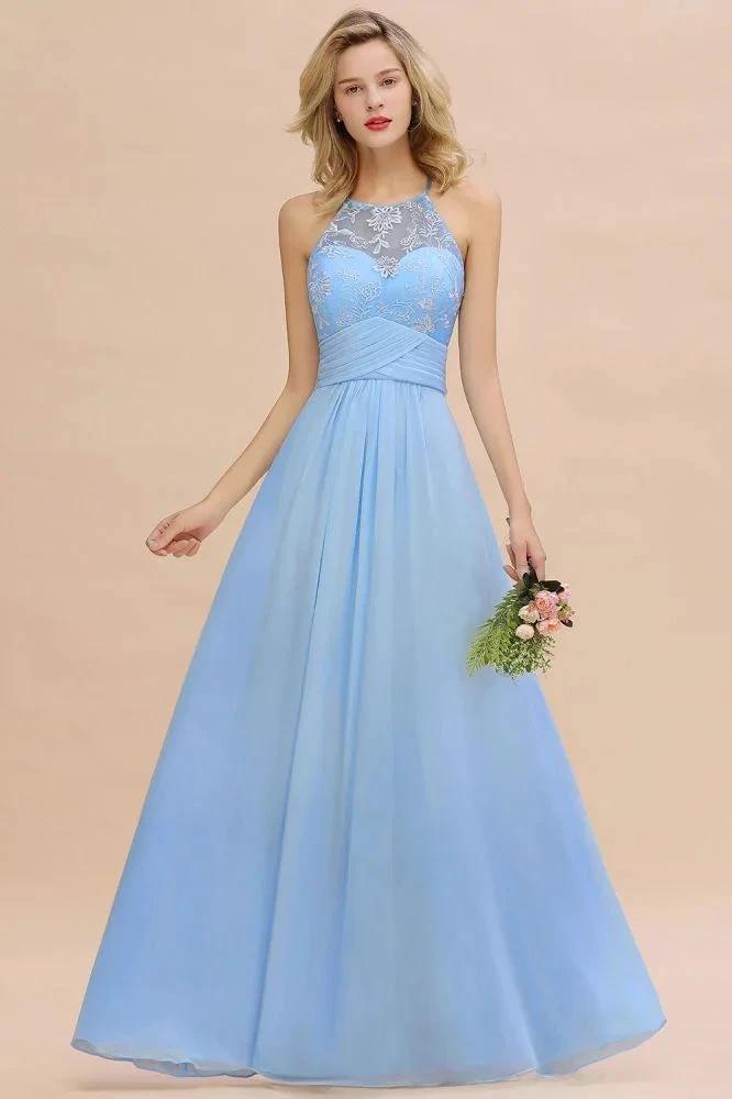 Halter Floral lace aline Chiffon Bridesmaid Dress Sleeveless Ruffle Wedding Guest Dress (ZD13125)