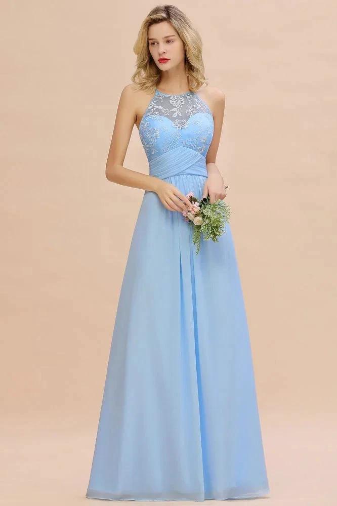 Halter Floral lace aline Chiffon Bridesmaid Dress Sleeveless Ruffle Wedding Guest Dress (ZD13125)
