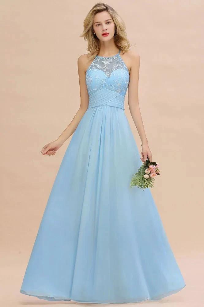Halter Floral lace aline Chiffon Bridesmaid Dress Sleeveless Ruffle Wedding Guest Dress by misshow.com
