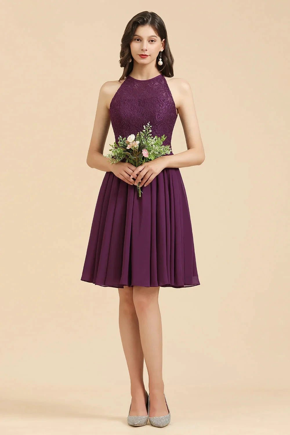 Halter Lace Bridesmaid Dress Chiffon Sleeveless Short Dress (ZD12878)