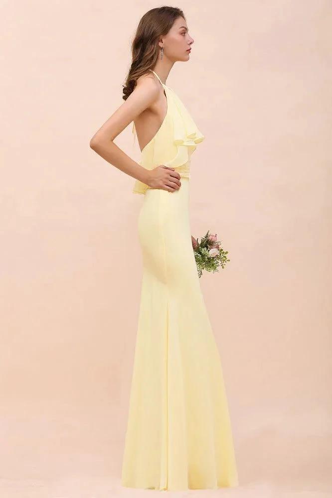 Halter Mermaid Chiffon Girls Bridesmaid Dress Yellow Floor length Beach Wedding Dress (ZD13012)