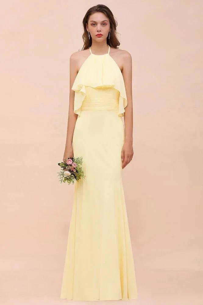 Halter Mermaid Chiffon Girls Bridesmaid Dress Yellow Floor length Beach Wedding Dress (ZD13012) - VelvetHem