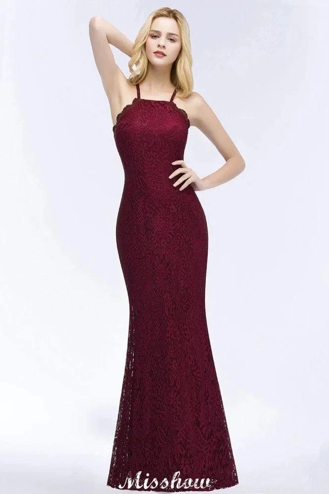 Halter Mermaid Evening Dress Floor Length Lace Burgundy Bridesmaid Dresses (ZD12879) - VelvetHem