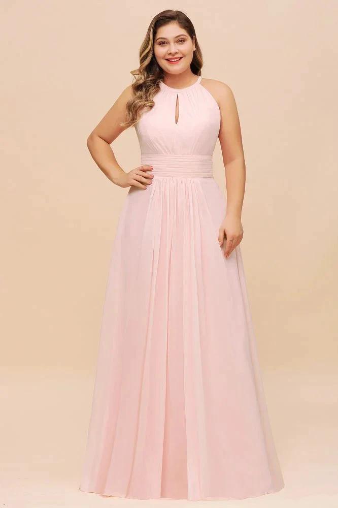 Halter Pink Bridesmaid Dress Plus Size Chiffon Wedding party Dress for Girls (ZD12981) - VelvetHem