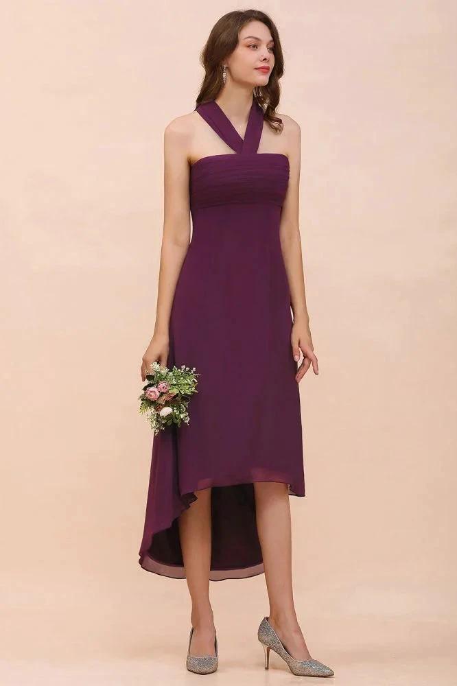 Halter Purple Hi-Lo Bridesmaid Dress Chiffon Cocktail Party Dress (ZD12978)