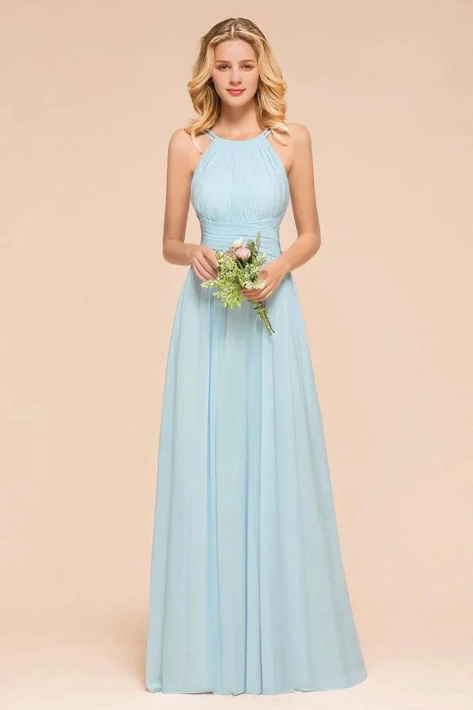 Halter Sky Blue Floor Length Bridesmaid Dress online Sleeveless A-line party Dress by misshow.com