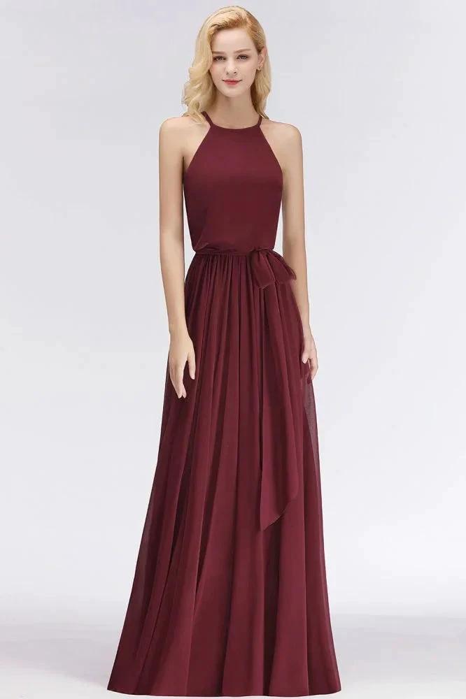 Halter Sleeveless A-line Burgundy Ruffles Chiffon Bridesmaid Dresses (ZD13050)