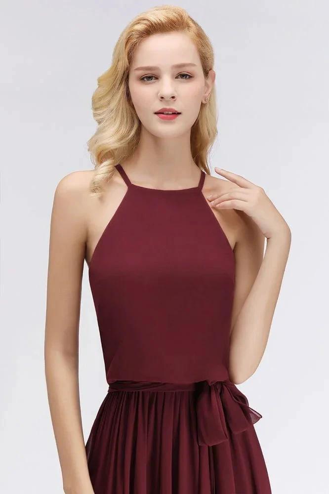 Halter Sleeveless A-line Burgundy Ruffles Chiffon Bridesmaid Dresses (ZD13050)