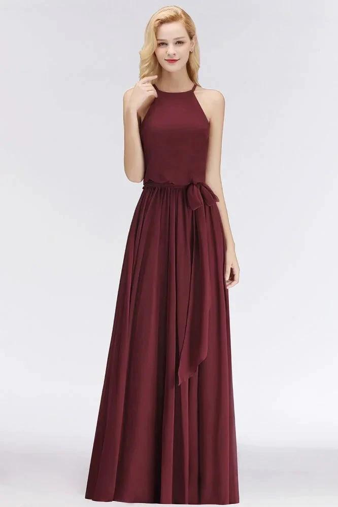 Halter Sleeveless A-line Burgundy Ruffles Chiffon Bridesmaid Dresses (ZD13050) - VelvetHem
