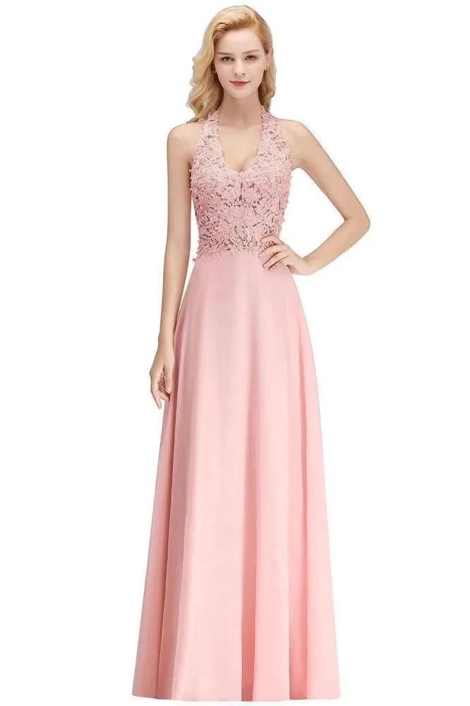 Halter Sleeveless Floral Appliques Evening Party Dress Aline Floor Length Bridesmaid Dress by misshow.com