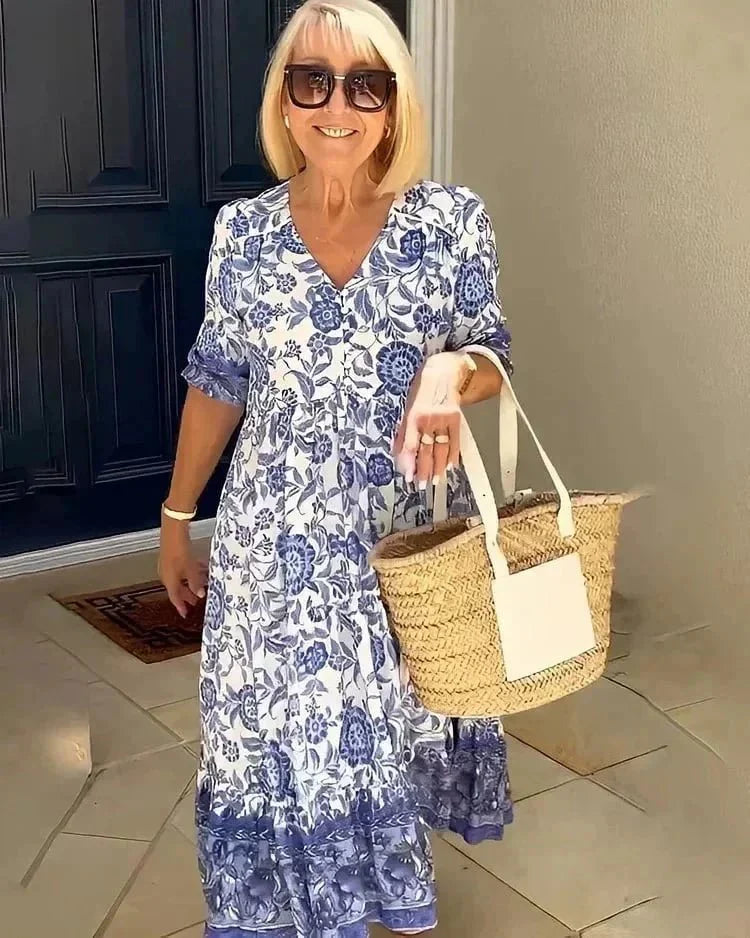 Úrsula Elegant Floral Dress with V-neck for Women Vacation Beach Look