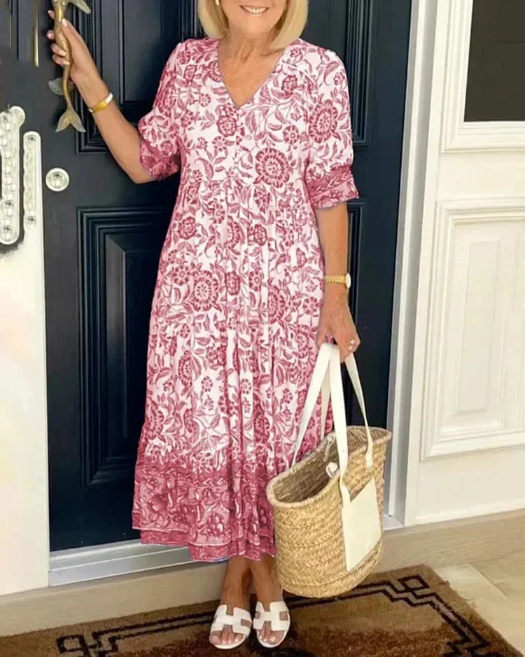 Úrsula Elegant Floral Dress with V-neck for Women Vacation Beach Look