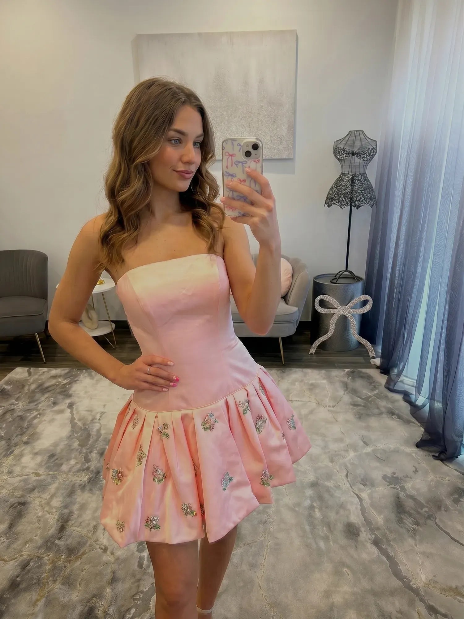 Strapless Beaded Satin A-line Homecoming Dresses