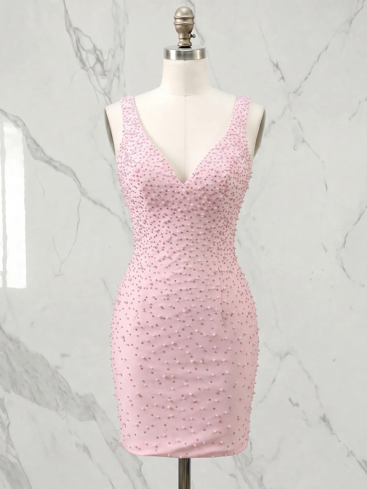 Deep V-Neck Pearl Embellished Bodycon Short Homecoming Dress - VelvetHem