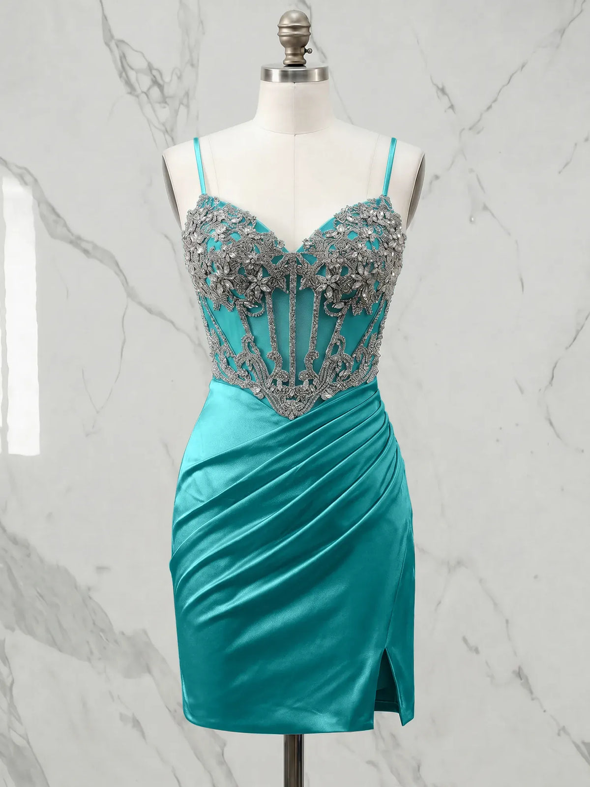 Sweetheart Beaded Corset Mini Dress with Draped Skirt Homecoming Dresses - VelvetHem