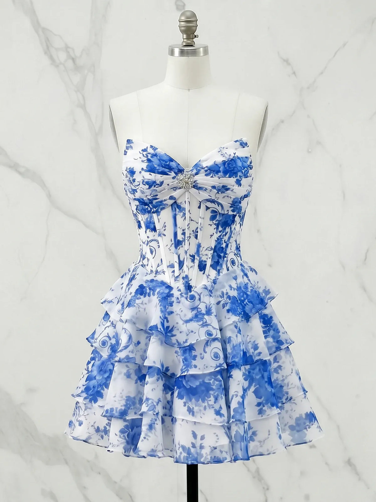 Sweetheart Tiered Ruffle Floral Homecoming Dresses with Corset Bodice Mini Dresses - VelvetHem