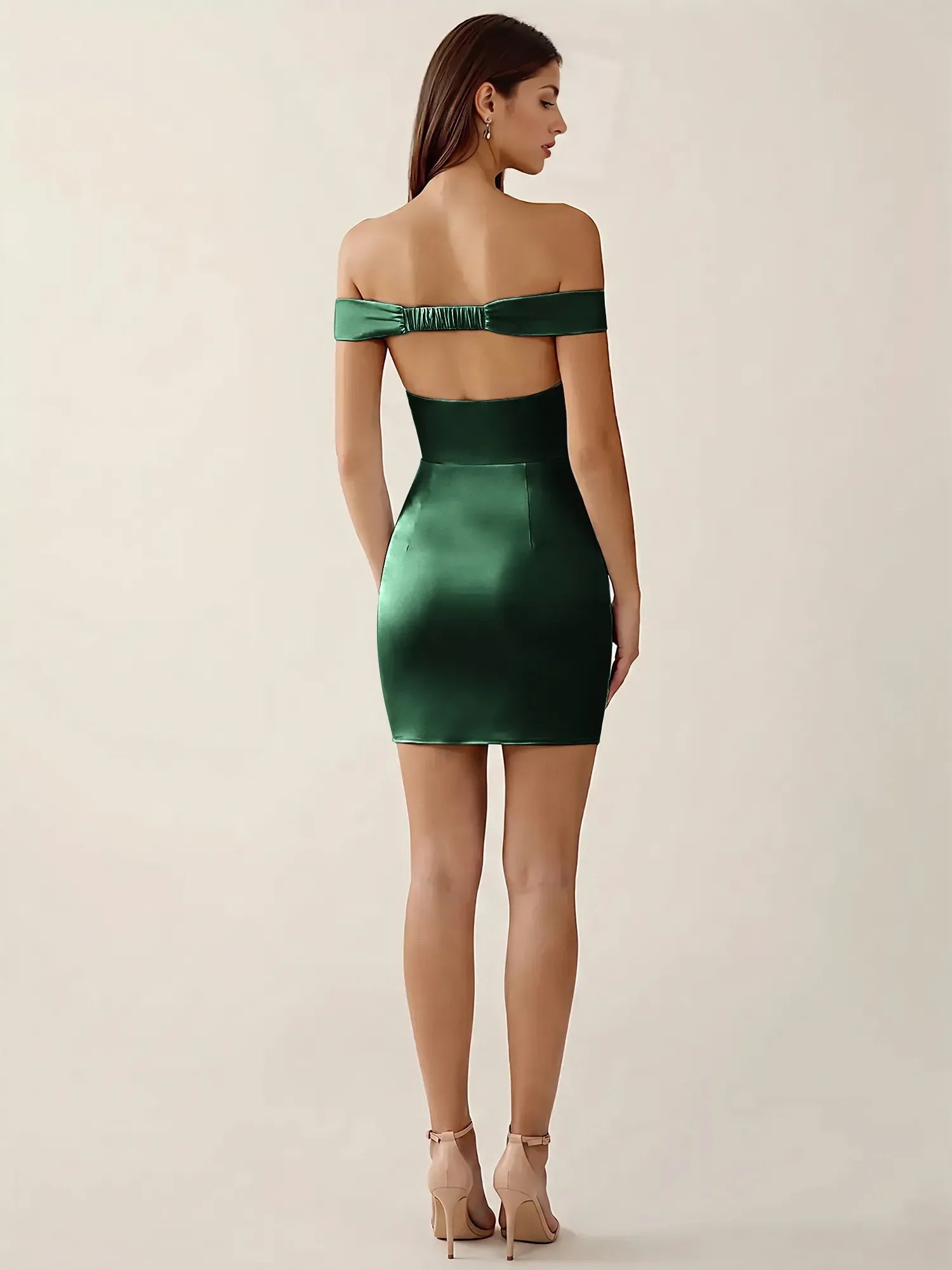 Off-The-Shoulder Ruched Satin Mini Homecoming Dress