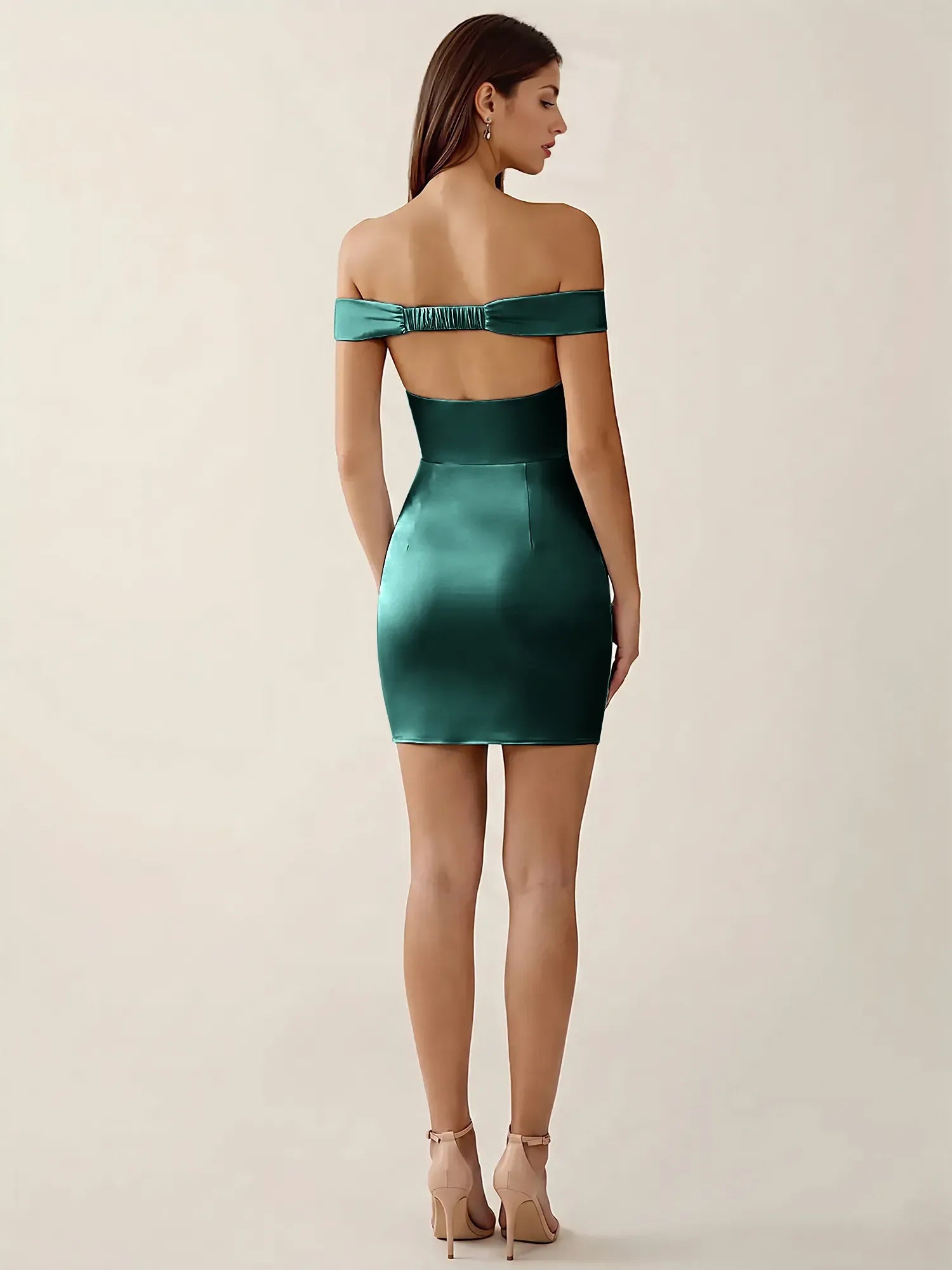 Off-The-Shoulder Ruched Satin Mini Homecoming Dress
