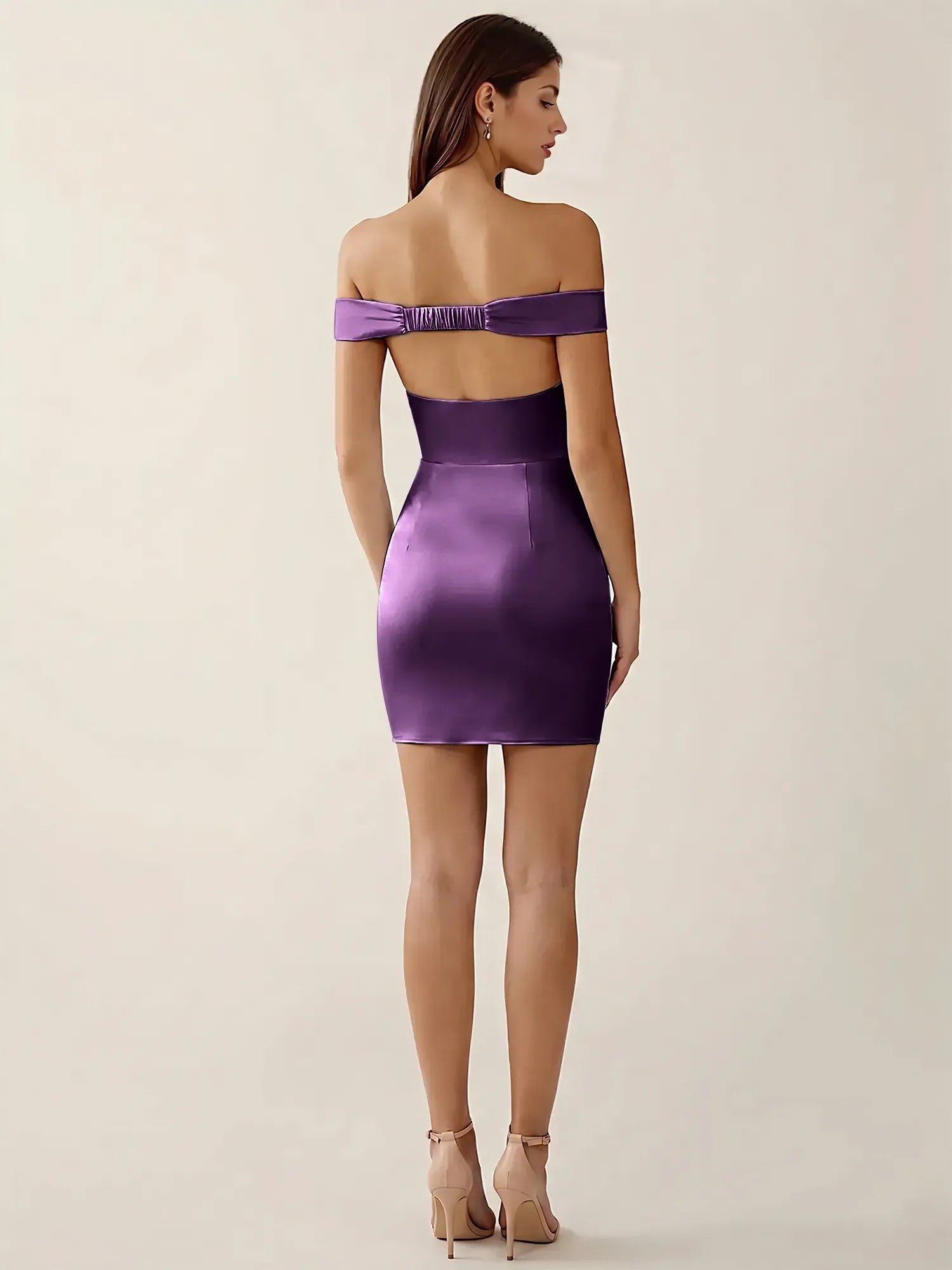 Off-The-Shoulder Ruched Satin Mini Homecoming Dress