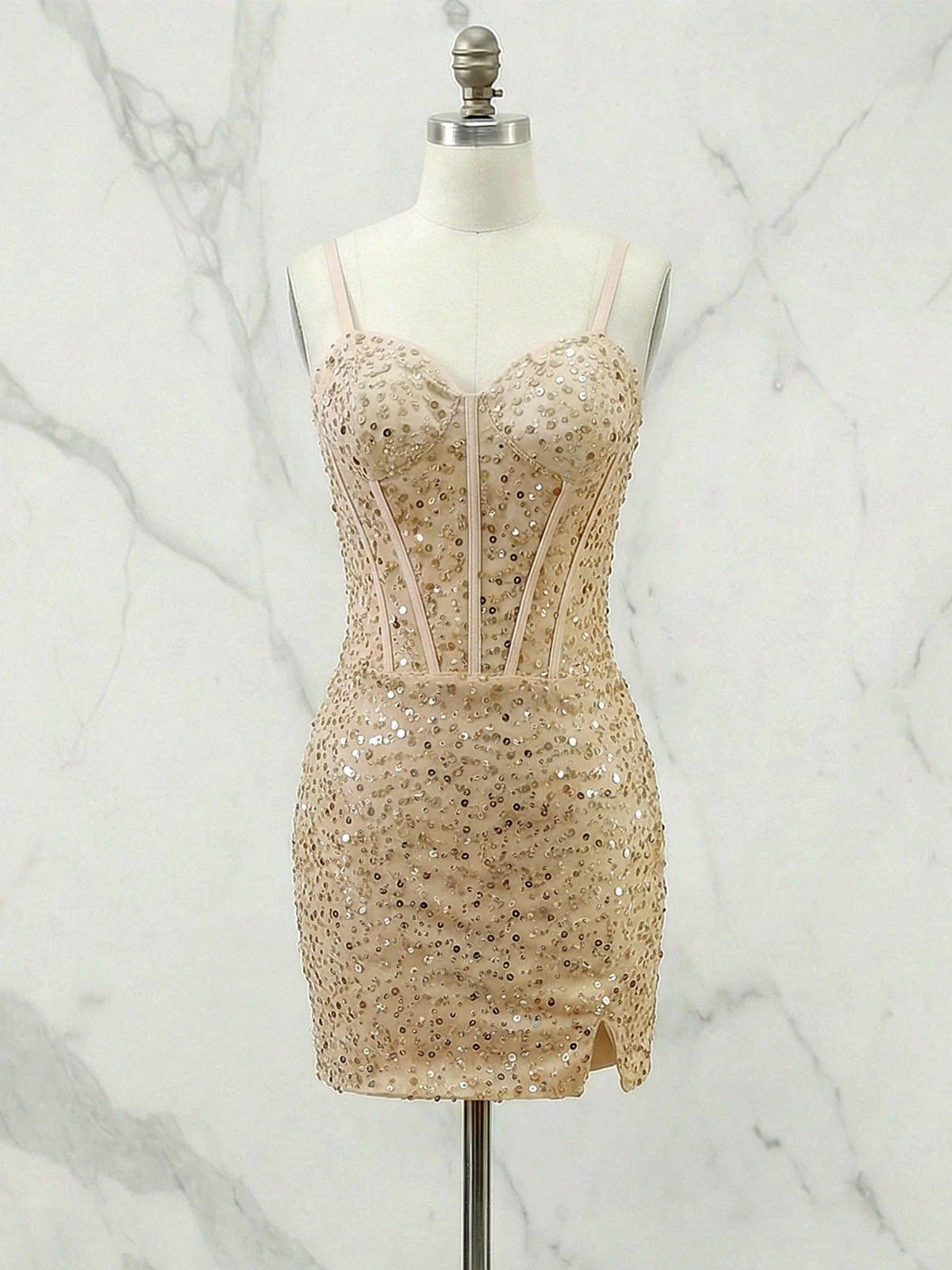 Glitter Bodycon Spaghetti Straps Sweetheart Short Homecoming Dress with Slit - VelvetHem