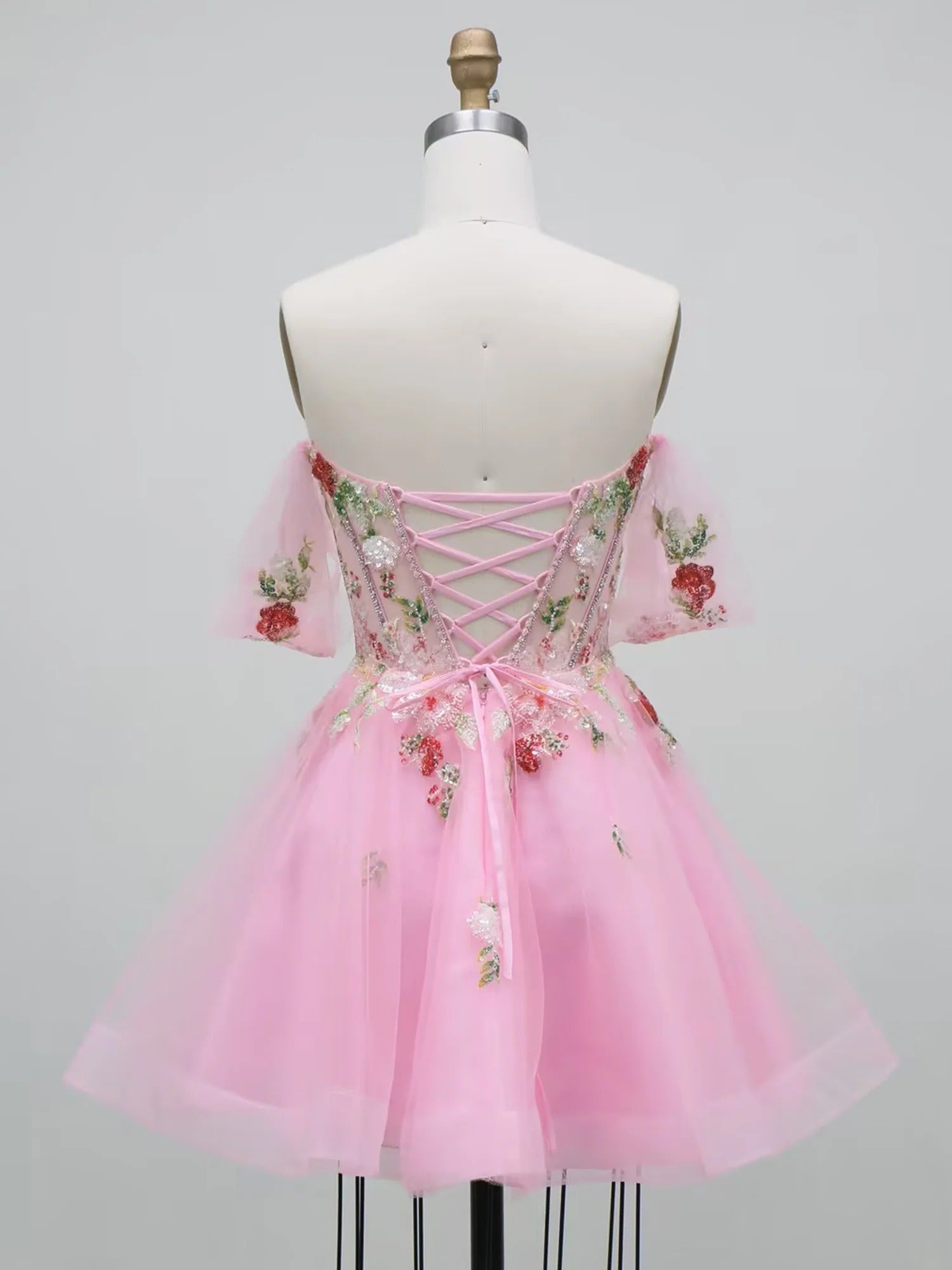 Floral Corset Puffy Sleeve Short Homecoming Dress