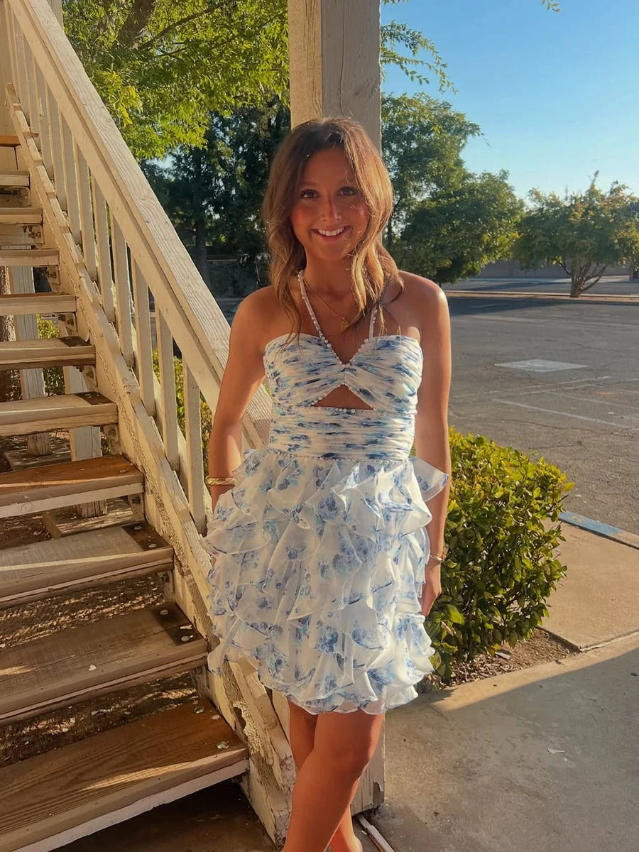 Blue Floral Halter Ruffled Tiered Pearl Hoemcoming Dress - VelvetHem