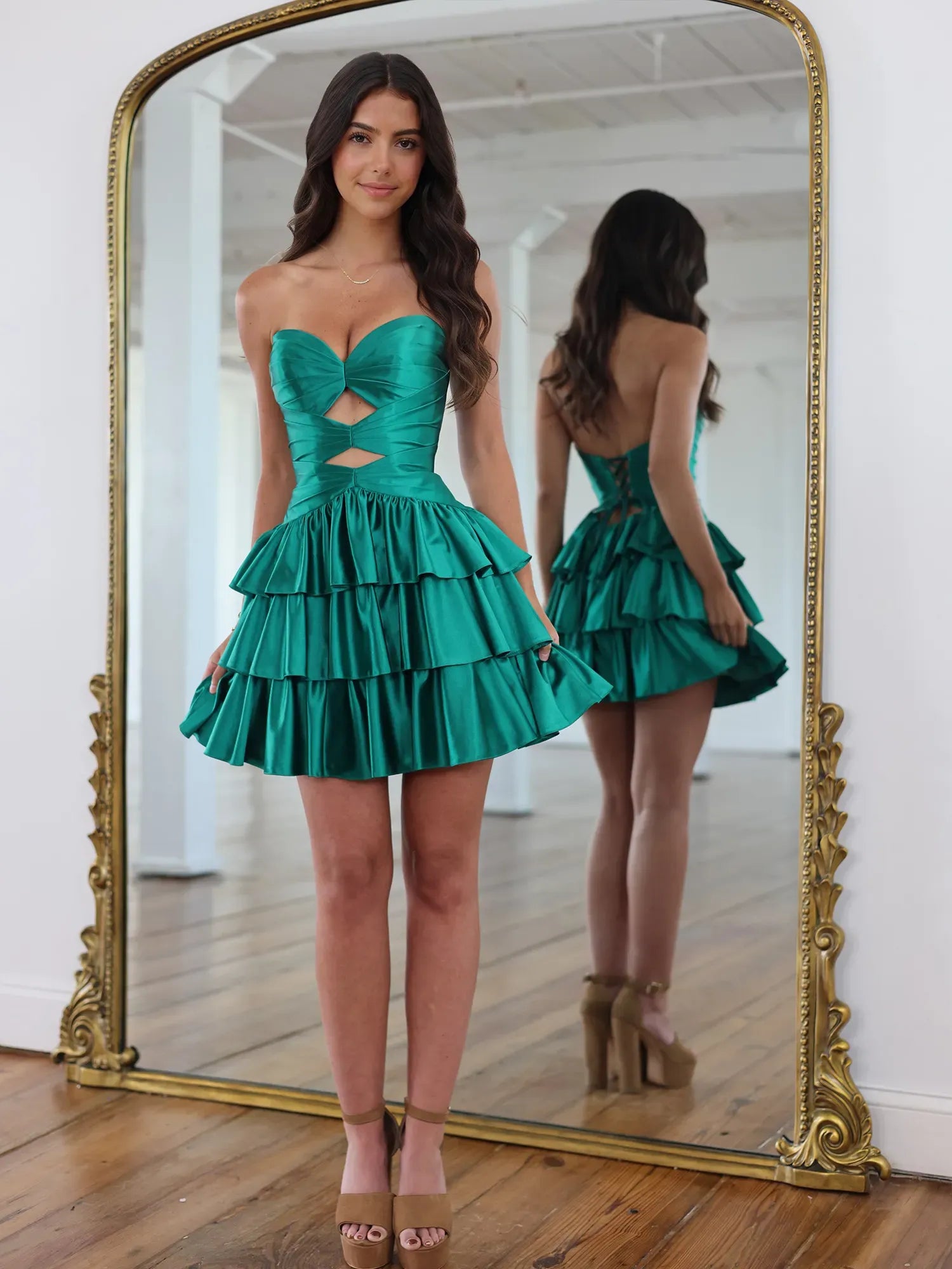Strapless Draped Corset Satin Mini Homecoming Dresses with Tiered Ruffled Skirt and Lace-Up Back