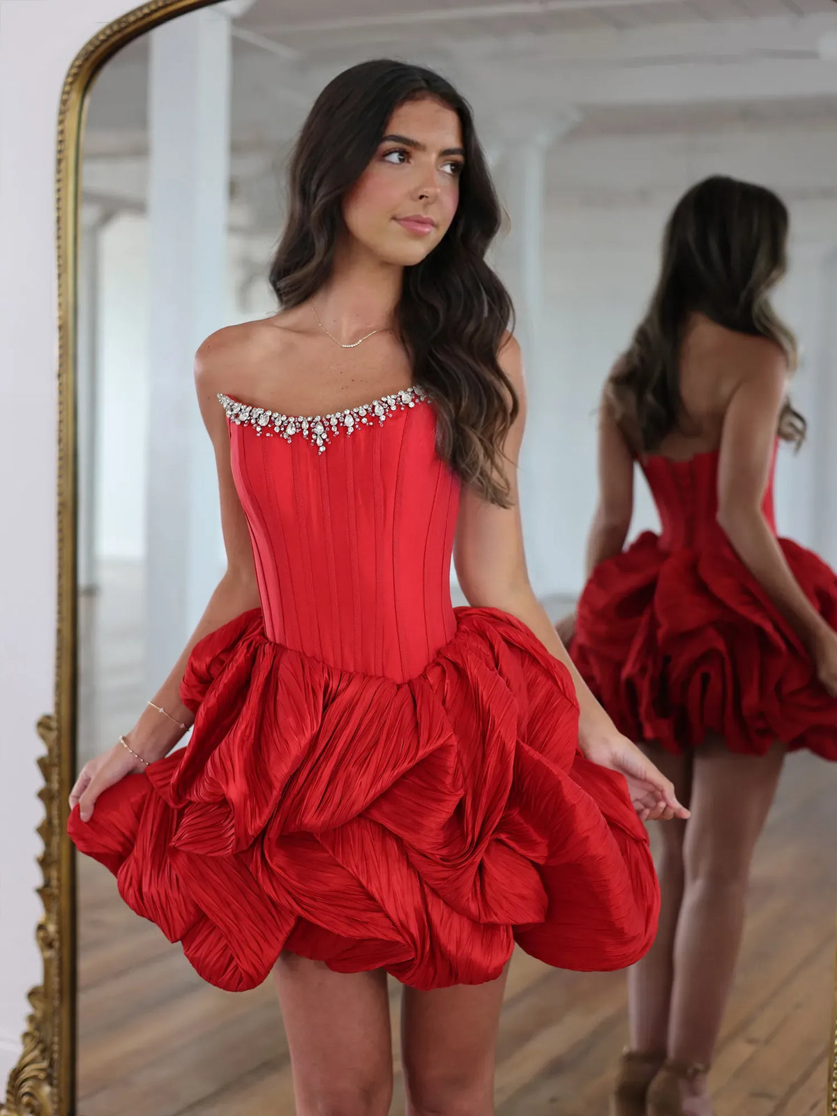 Strapless Rhinestone Corset Mini Homecoming Dresses with Tiered Rosette Skirt and Lace-Up Back - VelvetHem