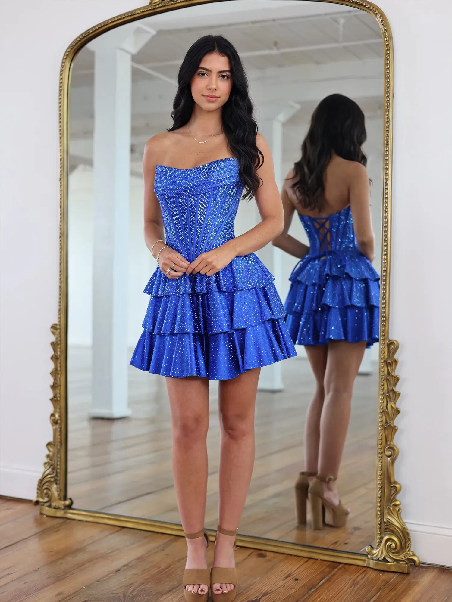 Strapless Rhinestone Encrusted Corset Short Homecoming Dresses with Tiered Ruffled Skirt and Lace-Up Back