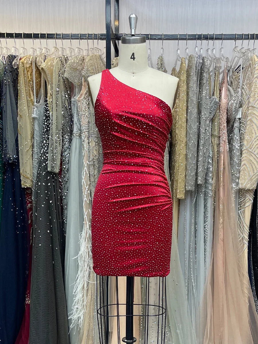 Sheath One Shoulder Short Homecoming Dress with Beading - VelvetHem
