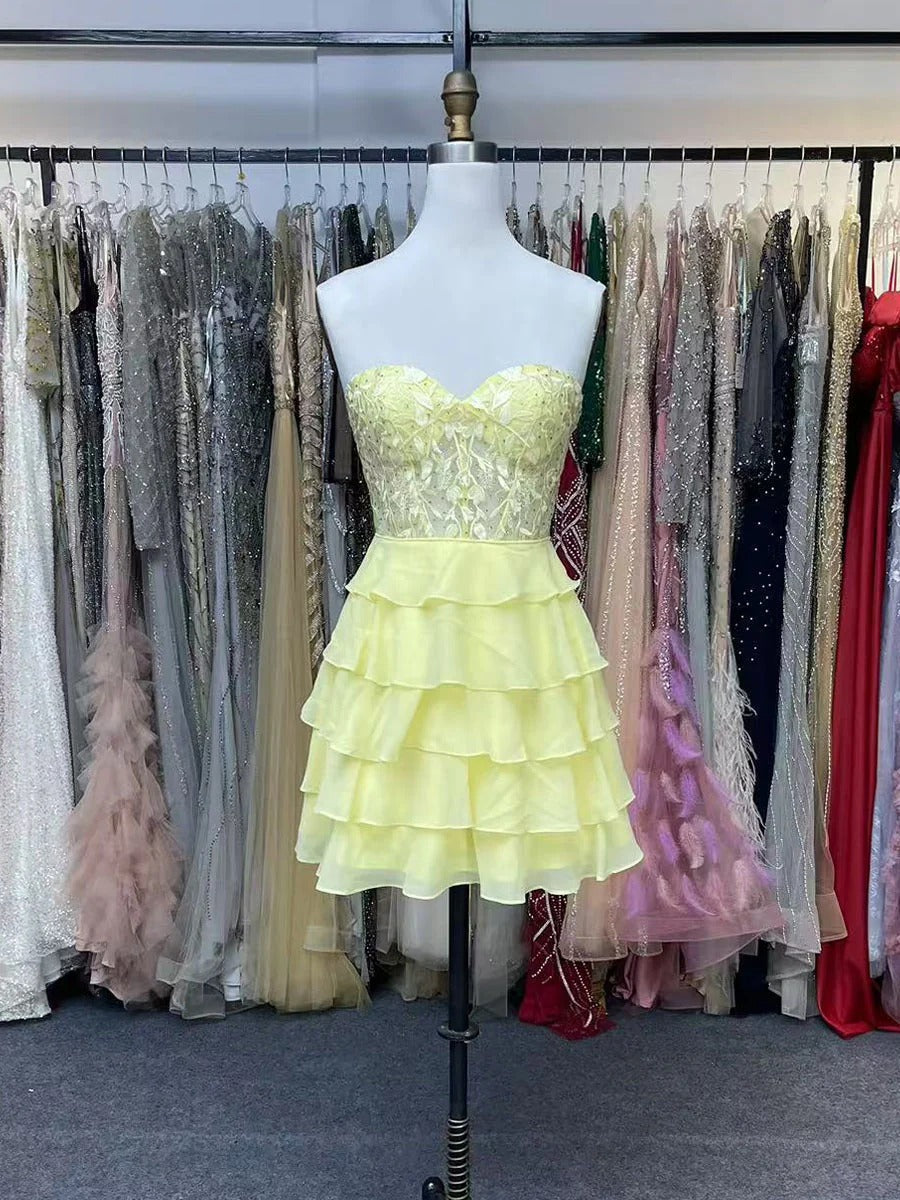 A-Line Sweetheart Short Tiered Lace Top Homecoming Dress - VelvetHem