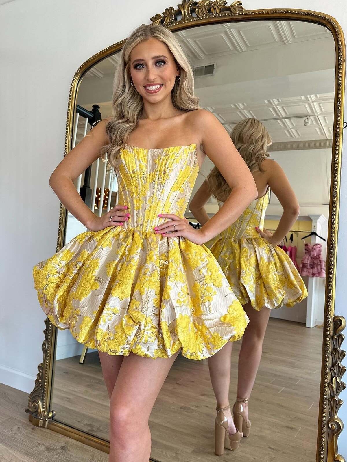 Strapless Satin Corset Floral Print Short Homecoming Dress - VelvetHem