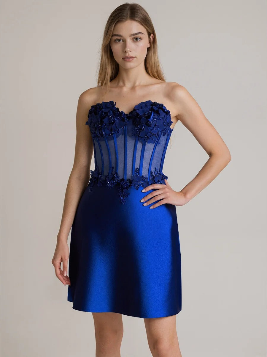 Strapless Satin Short Homecoming Dress with Appliqeus