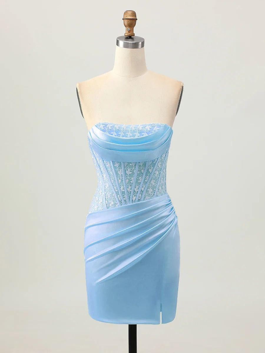 Tight Strapless Satin Corset Homecoming Dress with Lace Up Back - VelvetHem