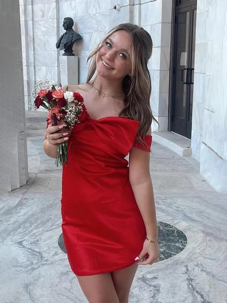 Off Shoulder Sheath Party Red Homecoming Mini Dress with Bow - VelvetHem
