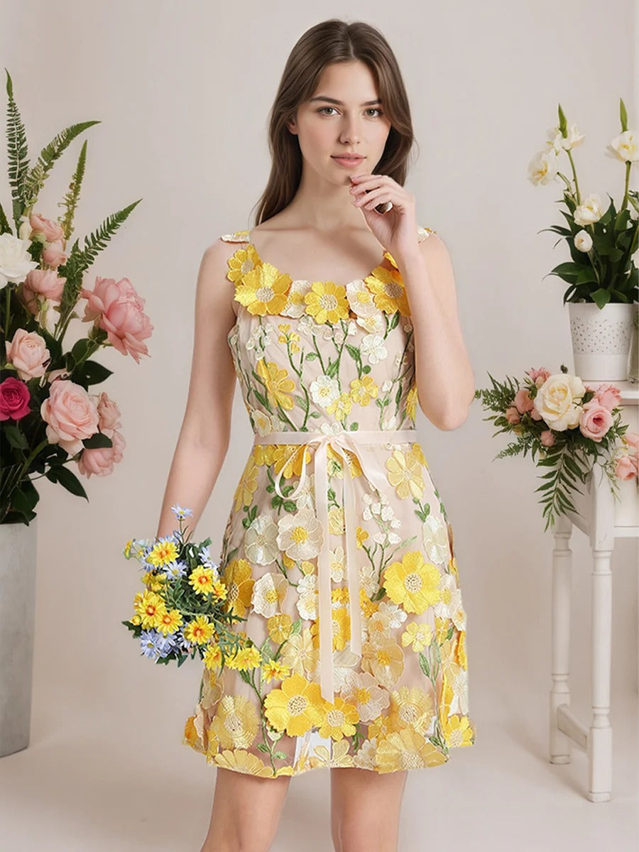 3D Floral Embroidery Tulle V-Neck Lace Mesh Homecoming Mini Dress