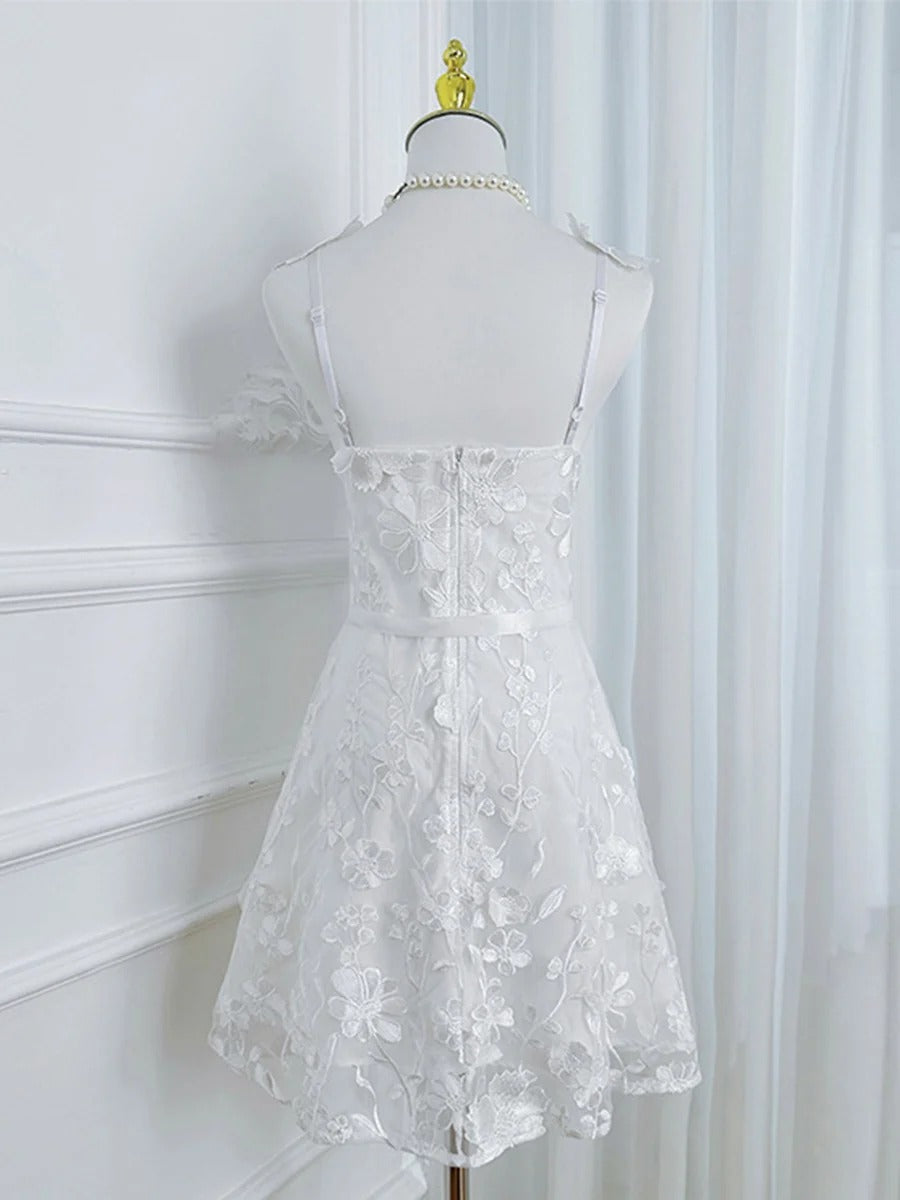 3D Floral Embroidery Tulle V-Neck Lace Mesh Homecoming Mini Dress