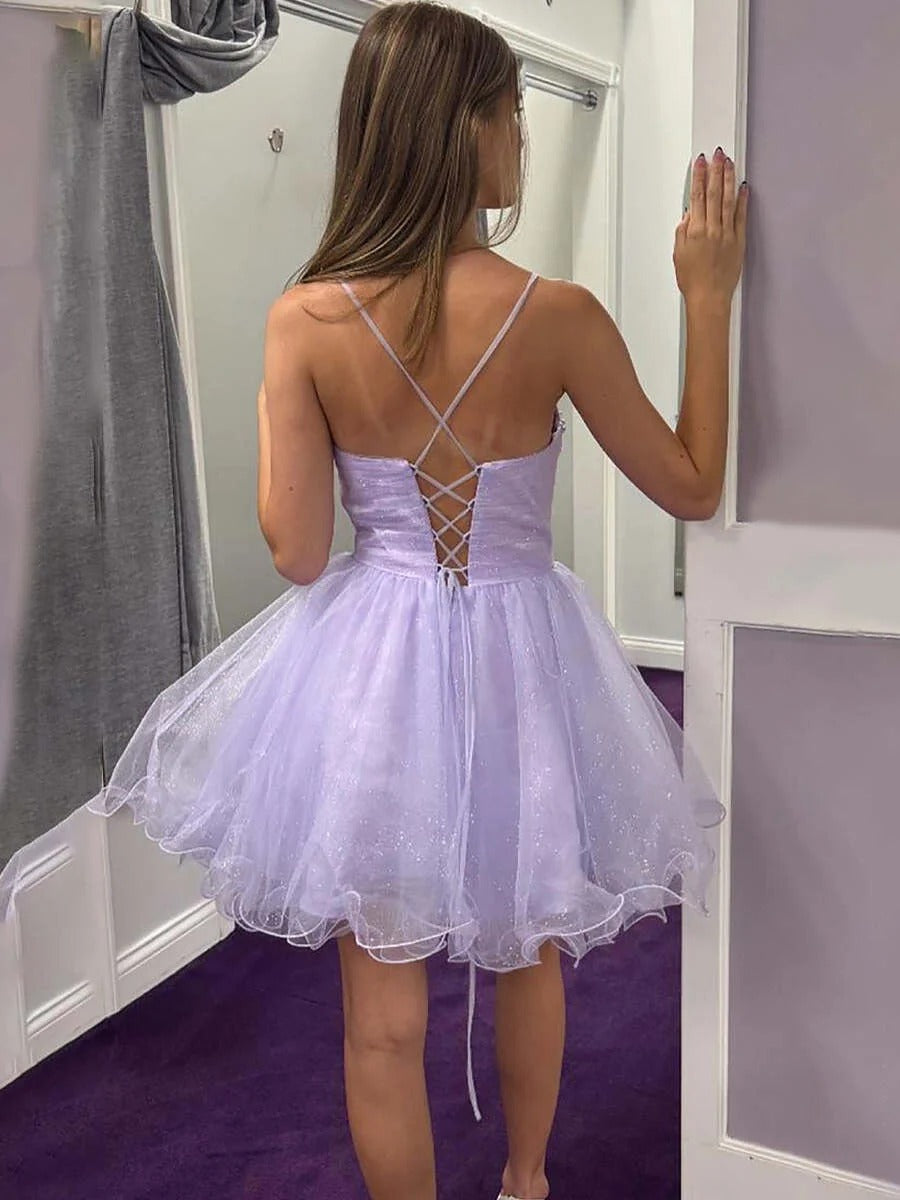 Sparkly A Line Tulle Short Homecoming Dress with Beading