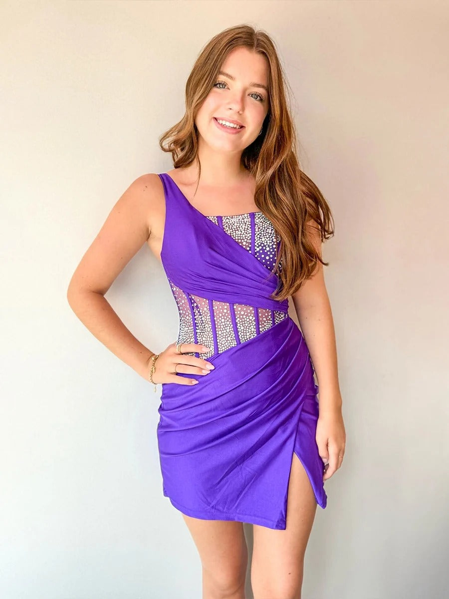 Bodycon One Shoulder Satin Short Homecoming Dresses with Slit - VelvetHem