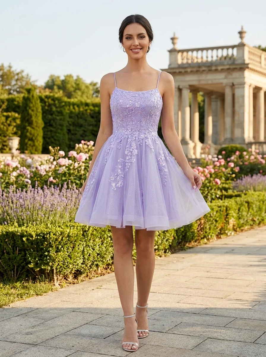 Square Neck Floral Lace A-Line Mini Homecoming Dress - VelvetHem