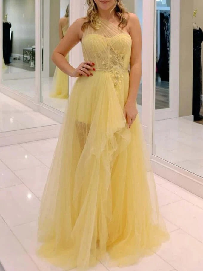 One Shoulder Tulle Long Prom Homecoming Dress with Flowers - VelvetHem